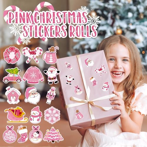 1000Pcs Pink Christmas Stickers Rolls Xmas Tree Santa Claus Nutcracker Snowman Self-Adhesive Decals Winter Wonderland Festive Holiday Party Favors DIY Crafts Gift Bottles Scrapbook Decor, 16 Designs