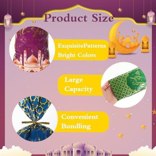eowqeiur 100 PCS Eid Goodie Bags(5x11 Inch) with Ties for Candy Goodie Treat Snack Goody Cookie Small Gifts Wrap Ramadan Baggies Pouch Eid Mubarak Party Favors Supplies Decor