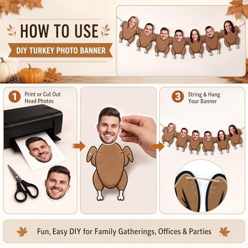 Irenare 24 Pcs Thanksgiving DIY Turkey Head Photo Banner