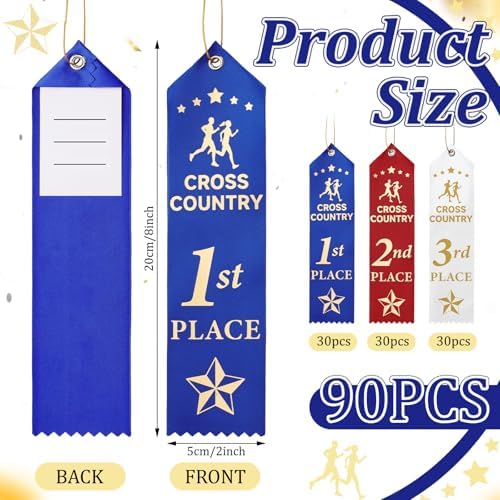 Thiccywoov 90 Pcs Cross County Ribbons for 1st, 2nd, 3rd Place, 8" x 2" Cross County Award Ribbons with Event Card and String for Sports Event, Competition Prize Gift, Contest Ornaments