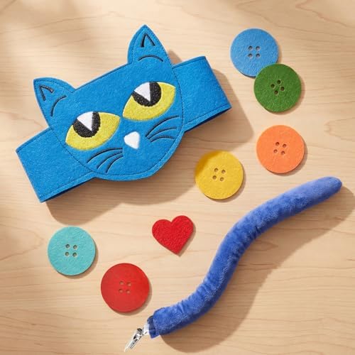 Blue Cat Costume Set with Cat Headband and Tail, Heart Button Stickers Accessories for Read Book Day Dress Up Halloween Party Cosplay