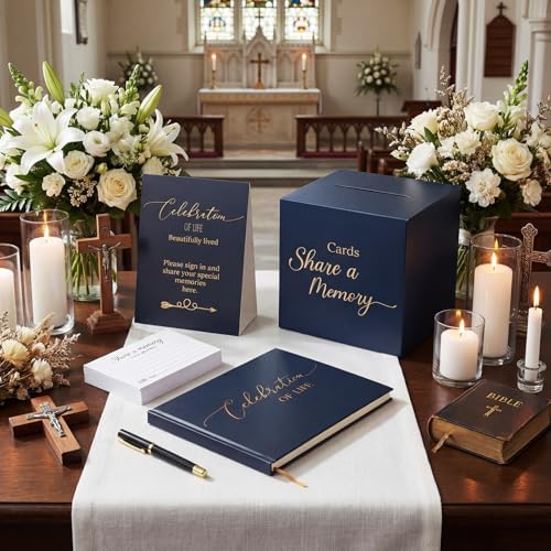 Engrowtic 64 Pcs Guest Book Set Funeral Guest Book Memorial Service, Blue