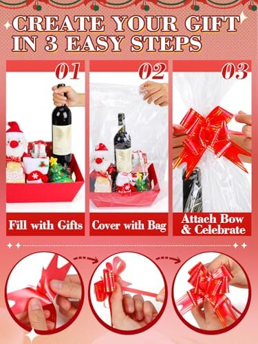 Beeplove 6 Sets Large Thick Kraft Baskets for Gifts Empty - Gift Baskets Empty Kit with Cellophane Wrap and Pull Bows for Wedding Birthday Bridesmaid Baby Shower, Red