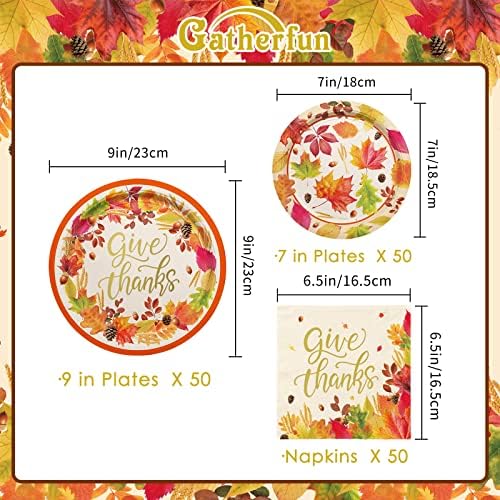 Fall theme Thanksgiving Party Supplies Kit, Serve 50, Autumn Harvest Disposable Dinnerware Includes: Paper Dinner Plates, Dessert Plates, and Napkins, Great for Thanksgiving Party Decorations