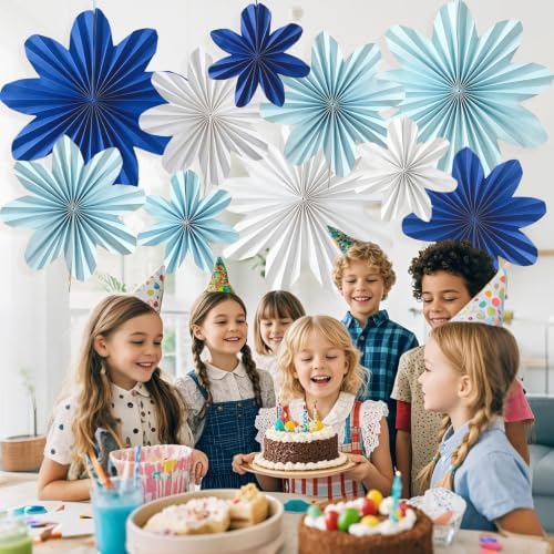 Blue Paper Flowers Navy Blue White Hanging Paper Fans 10Pcs