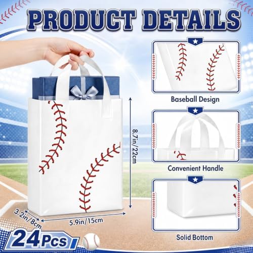 Pajean 24 Pcs Baseball Clear Plastic Gift Bags with Handles, 5.9 x 8.7 x 3.1 Inch Gameday PE Treat Bags, Red Stitching Candy Goodie Pouches for Team Parties, Sports Banquets, Birthday Event Supplies