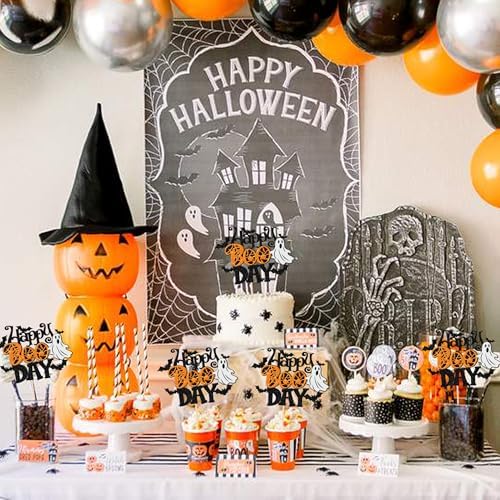 1 PCS Happy Boo Day Cake Topper Glitter Spooky Bat Cake Pick Little Boo Halloween Cake Decoration for Ghost Halloween Theme Baby Shower Kids Birthday Party Cake Decorations Supplies