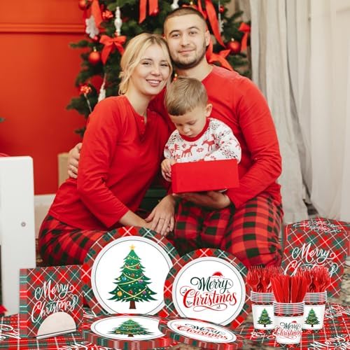 Christmas Plates and Napkins Party Decoration Serve 24, Red Green Merry Christmas Tree Buffalo Plaid Tableware Disposable Paper Plates,Napkins,Cups,Forks,Knives for Xmas Holiday Supplies Decor