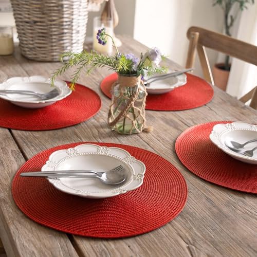 FunWheat Round Braided Placemats Set of 6 Table Mats for Dining Tables Woven Washable Non-Slip Place mats 15 inch (red, 6pcs)