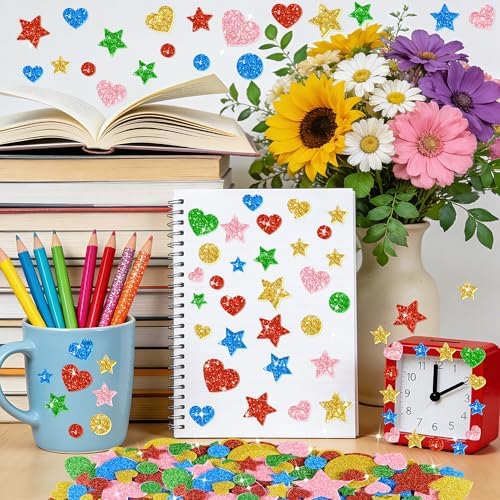 855Pcs Foam Stickers Glitter 3D Star Foam Shapes Stickers Self Adhesive Circle Star Heart Foam Stickers for DIY Crafts Scrapbooking Classroom Arts Project Home Theme Party Decor(Heart&Star&Circle)