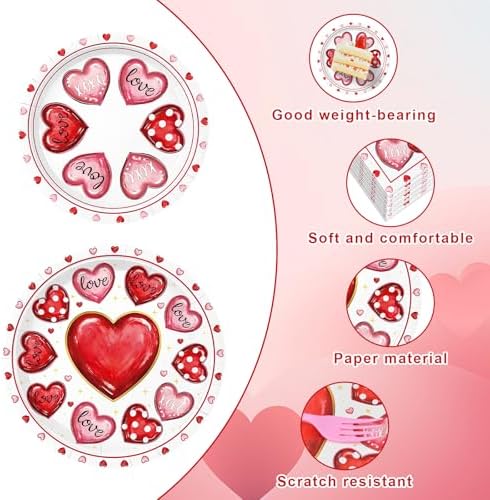 96 Pieces Valentine’s Day Tableware Set – Pink Red White Disposable Plates, Napkins, and Forks with Heart Designs for Valentine’s Parties, Weddings, and Romantic Celebrations – Serves 24 Guests