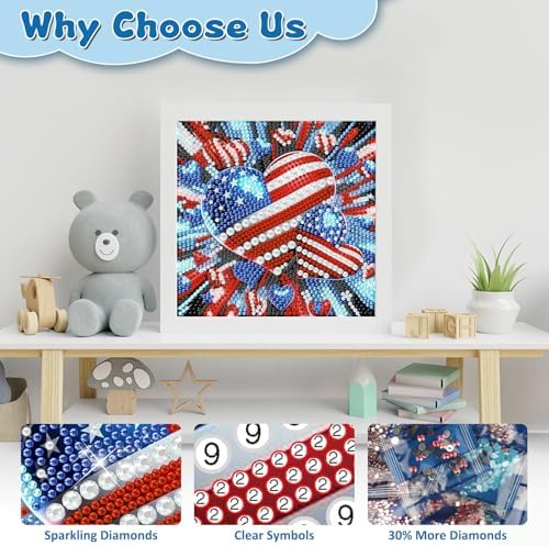 Patriotic Diamond Art Kits for Kids with Frame, American Flag Diamond Painting Kits for Kids Ages 4-8-12, 4th of July Easy Diamonds Gem Art Craft for Girl Boy, Gift Package for and Home Decor 7x7inch