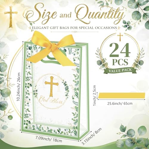 Capoda 24 Pack Baptism Gift Bags with Handles, 10 x 7 x 3 Inch Clear Plastic God Bless Favor Bags, Eucalyptus Cross Religious Party Favors for First Communion, Christening, Confirmation