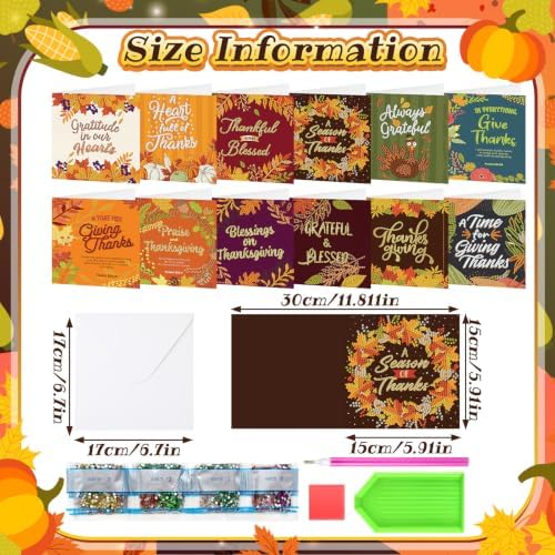 Saillong 12 Pack Fall Thanks Diamond Painting Greeting Card Kits DIY Thanksgiving Diamond Art Cards with Envelope Maple Leaves 5D Rhinestones Paint Card for Adults DIY Crafts Family Friend Autumn Gift