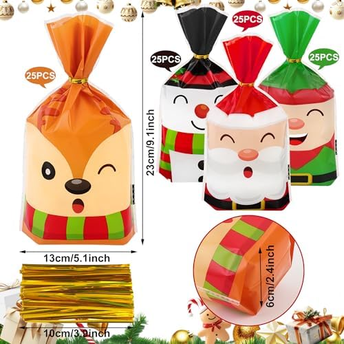 peony man 100 PCS Christmas Cellophane Treat Bags 5.1 x 9.1 Inch Christmas Plastic Candy Bag with Twist Ties 4 Styles Santa Claus Snowman Goodie Bags for Xmas Holiday Home Party Supplies