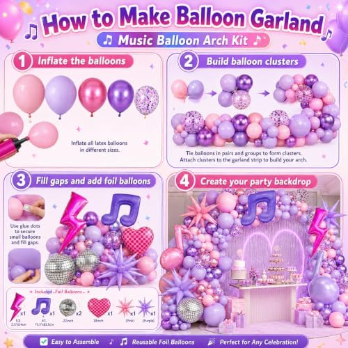 K POP Music Birthday Decorations, 162Pcs Pink Purple Balloon Garland Arch Kit with Music Note, Disco Ball, Checkered Heart, Lightning and Star Foil Balloons for Movie Singer Theme Party
