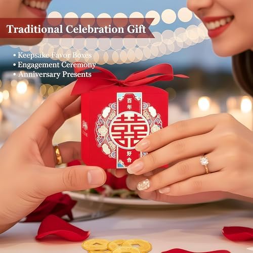 HannaFires 20PCS Chinese Wedding Candy Double Happiness Box - Party Favor Souvenir Decoration Box, Creative Square Favor Boxes for Parties, Traditional Style Gift for Guests, Thank-you Gift (Style 13 (20Pcs))