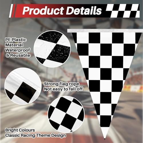MAQIHAN 98ft Checkered Flag Banner - Black and White Racing Pennant Decor