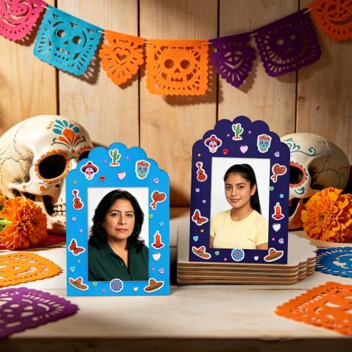 Fovths 24 Packs Dia De Los Muertos Picture Frame Painting Craft Kit with Stickers Wooden Day of the Dead Altar Decorations Remembrance Supplies Sugar Skull Marigold Ofrenda Decorations