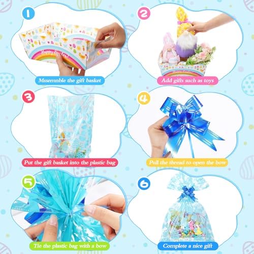 Gueevin 12 Sets Easter Empty Gift Baskets Bulk with Colorful Bunny Cellophane Bags & Ribbon Bows, DIY Basket to Fill for Egg, Candy, Treats, Birthday Party, 9.8 x 6.5 x 3.5 Inch