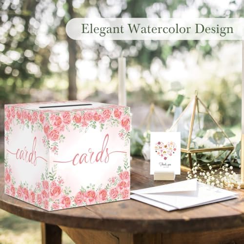 Watercolor Pink Rose Wedding Card Box, Paperboard 8.7" Gift Card Holder for Graduation Birthday Party Reception Retirement Anniversary Bridal & Baby Shower