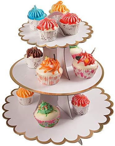 YLDW Cupcake Stand with Lace Trim, 3-Tier Cupcake Stand Display, Cardboard Cup Cake Tower Stand, Disposable Dessert Stand for Birthday Tea Party Baby Shower Treat Decorations, White