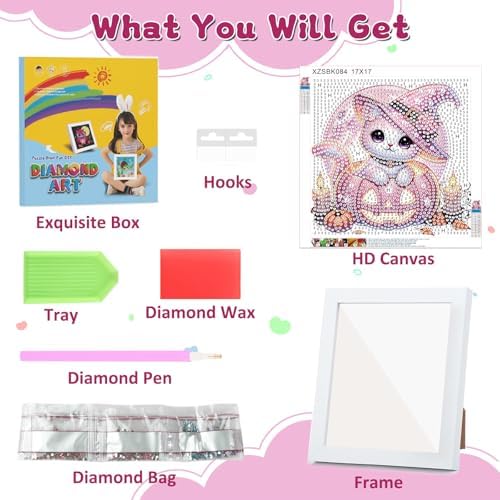 Halloween Cat Diamond Art Painting Kits for Kids with Frame, Diamond Painting Kits for Kids Ages 4-8-12, Easy Gem Arts and Crafts Gift for Girls Boys Adult Beginners Home Wall Decor(7x7inch)