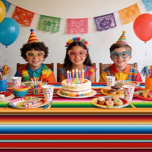 4 PCS Mexican Fiesta Plastic Tablecloth 108 x 54 Inch Mexican Striped Disposable Table Covers Waterproof Cinco De Mayo Rectangle Party Table Cloth for Fiesta Taco Mexico Themed Birthday Party Supplies