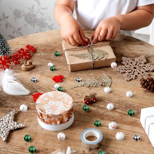 Landical 180 Piece Summer Christmas in July DIY Christmas Snowman Wooden Bead Crafts DIY Ornaments Buffalo Plaid Wood Round Bead Xmas Print Wooden Beads with Twine Scarf for Crafts(Fresh Colors)
