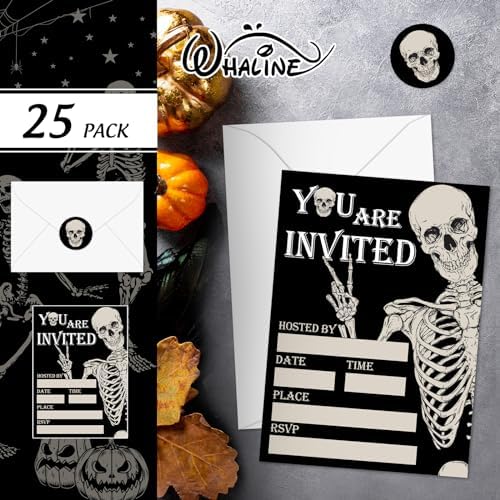 Whaline 25 Sets Halloween Invitations with Envelopes Stickers Black Dancing Skeleton Invitation Cards Blank Invites for Birthday Party Supplies, 5 x 7 Inch
