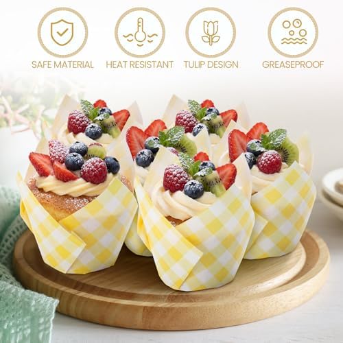 Maxdot 200 Pcs Yellow Gingham Tulip Cupcake Liners for Baking Plaid Paper Muffin Baking Cups Checkered Tulip Muffin Liners Wrappers for Bridal Baby Shower Wedding Birthday Party Decor