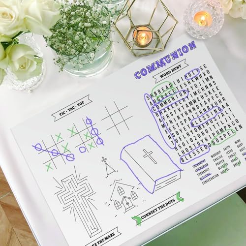First Holy Communion Coloring Activity Placemats / 12 Religious Drawing Activity Sheets / 17" x 11" Kids Double Sided Christian Disposable Coloring Paper / 1st Communion Party Kids Table Supplies