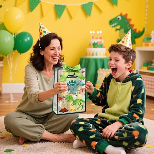 Capoda 24 Pack Dinosaur Party Favor Bags, Clear Gift Bags with Handles and Green Ribbons, Dino Goodie Treat Bag, Transparent Favor Bag for Birthday Party Supplies, Baby Shower, Classroom Rewards
