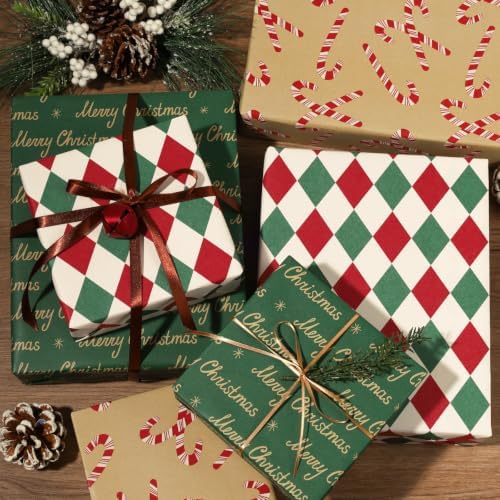 LaRibbons Kraft Christmas Vintage Wrapping Paper Set, 3 Rolls 17" x 120"