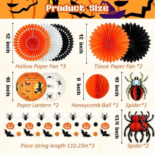 Halloween Party Decorations, Hanging Spider Bat Paper Lanterns Honeycomb Decorations for Home Haunted House Classroom Birthday Party Supplies Props (Orange & Black)