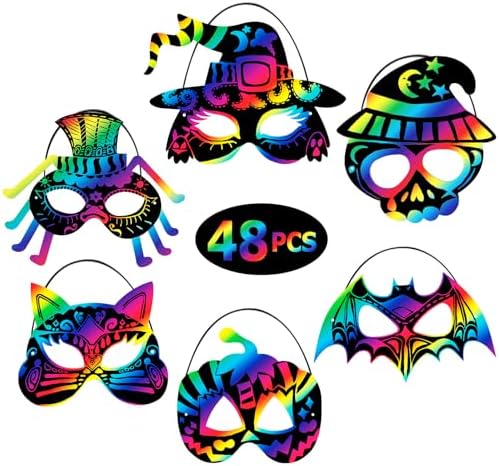 Max Fun 48PCS Halloween Crafts for Kids Kit, Rainbow Scratch Art and Crafts Mask, Birthday Cosplay Classroom Decoration, Magic Scratch Paper Halloween Party Favors Supplies Bat Witch Pumpkin Zombie