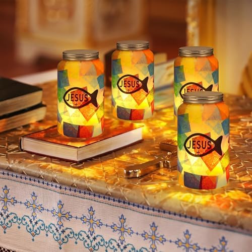 Qinyoung 12 Pcs Religion Faith Jesus Fish Crafts Mason Jars Tissue Paper Crafts with LED Candle Light DIY Suncatchers Decoration Make Your Own VBS Mason Jars Supply for Sunday School Projects Activity