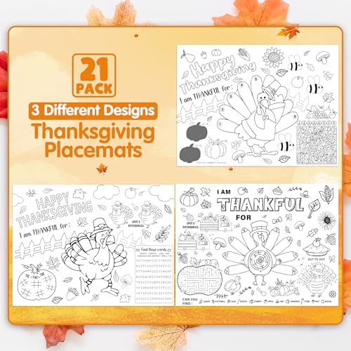 LINAYE 21PCS Thanksgiving Coloring Placemats, Thanksgiving Crafts Activities for Kids Paper Placemats Dinner Table Mats Disposable to Color for Kids