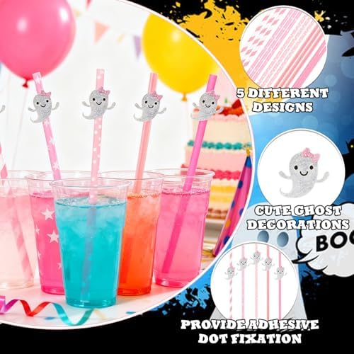 40Pcs Pink Halloween Paper Straws Cute Glitter Ghosts Girly Halloween Disposable Striped Wavy Dot Straws Bulk for Halloween Baby Shower Birthday Party Favors Supplies