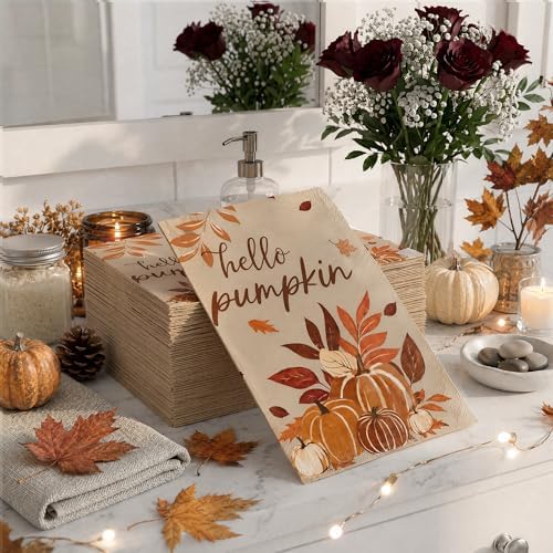 100pcs Fall Pumpkins Disposable Paper Napkins 2-Ply Absorbent Thanksgiving Harvest Autumn Dinner Guest Towels for Fall Party Bathroom Table Decor