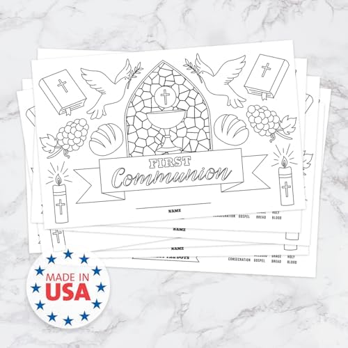 First Holy Communion Coloring Activity Placemats / 12 Religious Drawing Activity Sheets / 17" x 11" Kids Double Sided Christian Disposable Coloring Paper / 1st Communion Party Kids Table Supplies