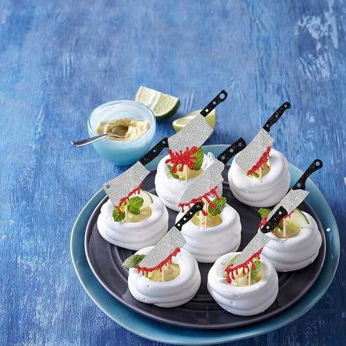 Rsstarxi 24 Pack Halloween Cupcake Toppers Glitter Blood Knife Cupcake Picks Horror Killer Birthday Cake Decorations for Scary Horror Crime Scene theme Birthday Halloween Party Supplies