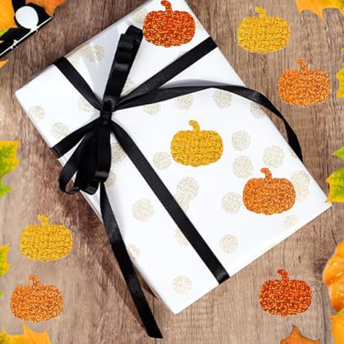 500Pcs Fall Thanksgiving Pumpkin Stickers Roll - Laser Pumpkin Shaped Self-Adhesive Stickers, 3 Orange Sparkly Waterproof Decals for Easter Autumn Party Cards Seal Envelopes Supplies Scrapbook Decor
