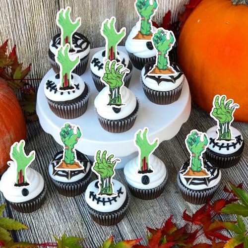 60 PCS Edible Zombie Hands Cupcake Toppers Wafer Paper Halloween Cupcake Picks Edible Horror Zombie Hands Cupcake Decorations for Halloween Theme Zombie Birthday Party Cake Decorations Supplies