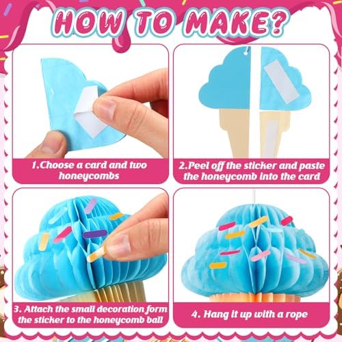 Gueevin 12 Pcs Ice Cream Party Decorations Summer Ice Cream Hanging Honeycomb Balls Decor Tissue Paper Hanging Ceiling Decor for Sweet Party Home Birthday Baby Shower Favor