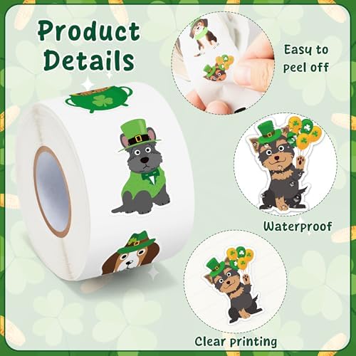 H1vojoxo St. Patrick's Day Sticker Rolls - 1000PCS Irish Shamrock Holiday Cartoon Dog Stickers for Kid 16 Design St. Patrick's Cute Dog Sticker for Craft St. Patrick Cartoon Dogs Stickers for Envelope