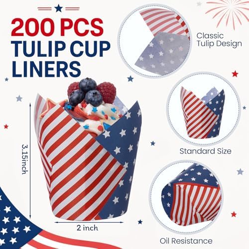 Maxdot 200 Pcs Patriotic Tulip Cupcake Liners for Baking 4th of July Muffin Baking Cups Red Blue White Stars Stripes Tulip Muffin Liners Wrappers for Independence Day Memorial Day Party Supplies