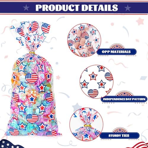 100 Pcs 4th of July Cellophane Treat Bags - 5" x 11" Patriotic Candy Bags with 110 Gold Twist Ties, Independence Day Goodie Bag for Cookies, Snacks, Party Favors & Gift Packaging (Red White and Blue)