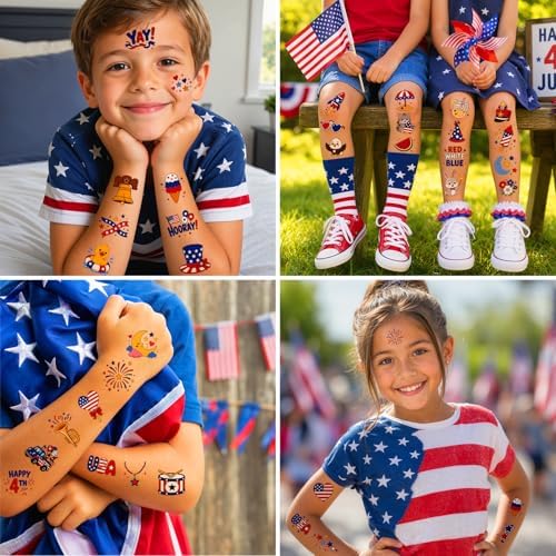 JCFIRE 4th of July Temporary Tattoos for Kids Adults, Cute Independence Day Fake Tattoos Stickers, Fourth of July Red White and Blue 4th of July Accessories for Women Girls Party Favors