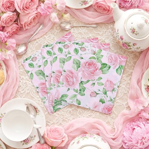 Natnarr Pink Floral Paper Napkins, 50 Pack, 6.5 x 6.5 Inch